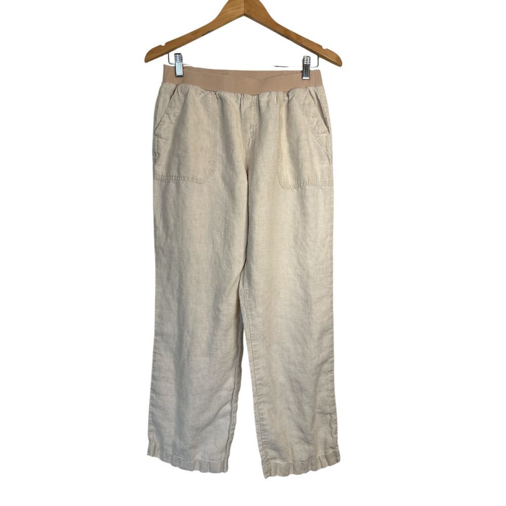 Coldwater Creek Women's Ribbed Knit Waistband Linen Pants Size 10 Petite Cream